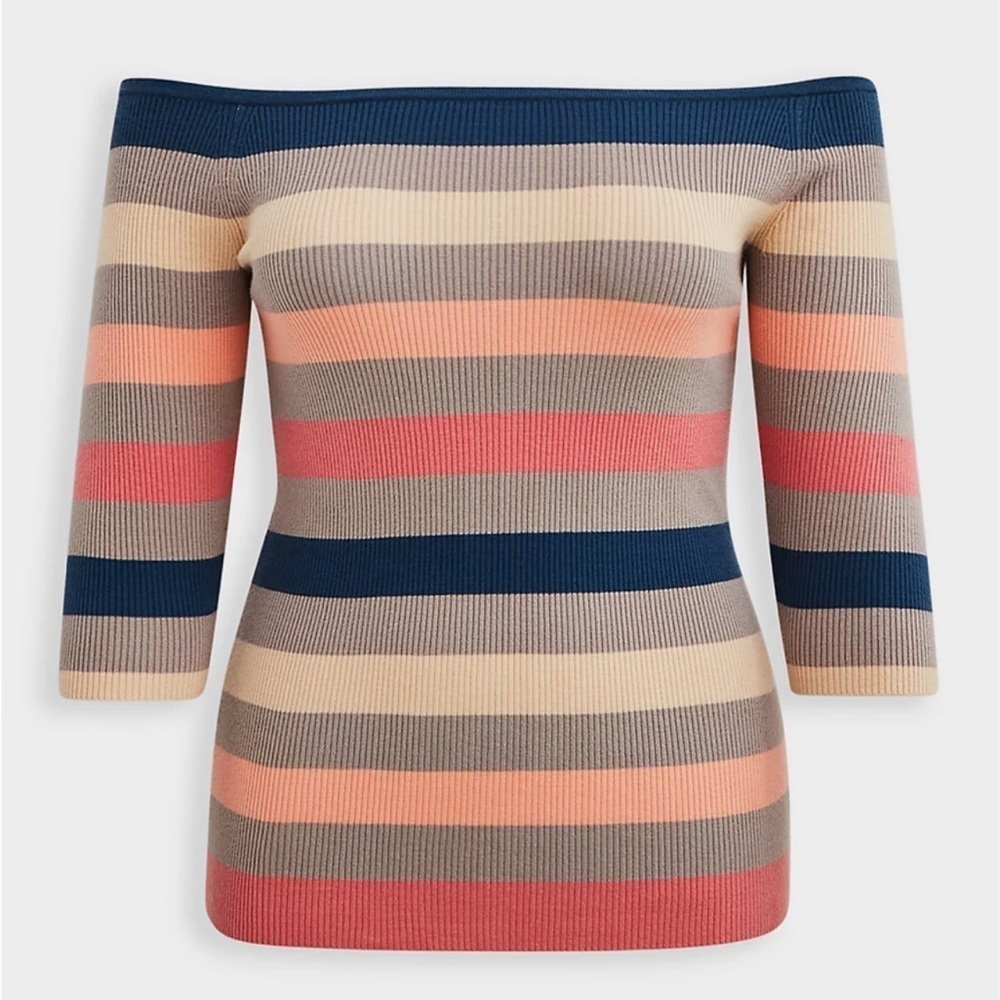 NWT Torrid Off Shoulder Ribbed Sweater 2X Multi Stripe 3/4 Sleeve Fitted Top - Picture 4 of 9